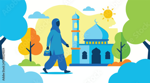 Flat illustration of Muslim woman in hijab walking past a mosque