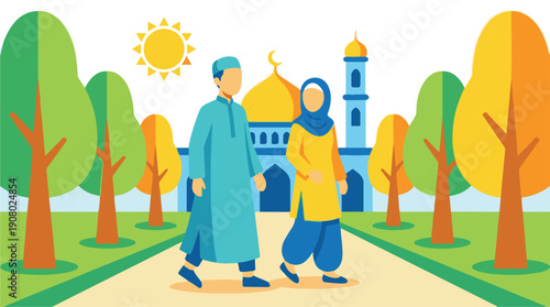 Muslim couple walking in a park with a mosque, flat vector illustration