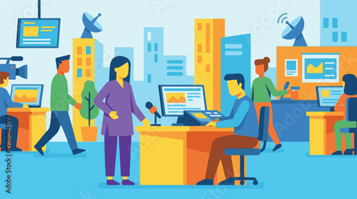 Newsroom activity, broadcasting and journalism in a modern media center