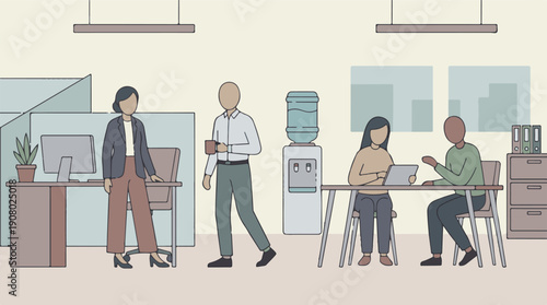 Illustration of diverse professionals working and collaborating in a modern office