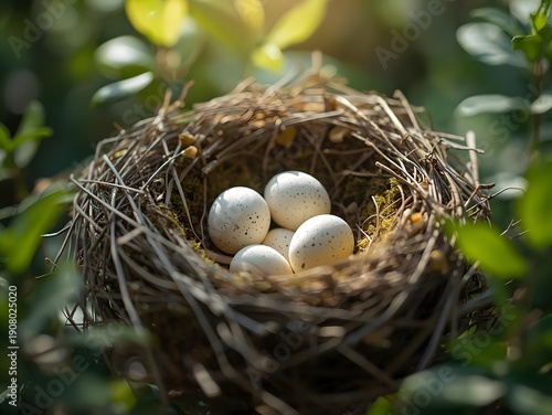 Nest of speckled bird eggs in natural setting