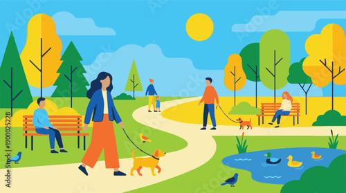 Vector illustration of a public park with people, dogs, and ducks