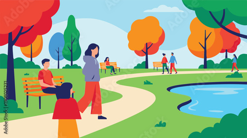 Vibrant autumn park scene with people walking and relaxing in nature