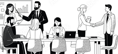 Business team in a dynamic meeting, with a presenter showing a graph, colleagues discussing, and a handshake sealing a deal