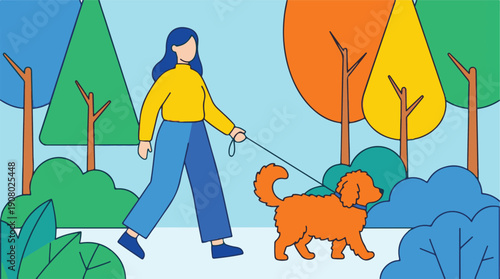 Woman walking a dog on a leash in a vibrant park setting illustration