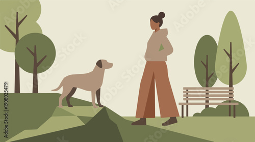 Minimalist illustration of a woman walking her dog in a serene park