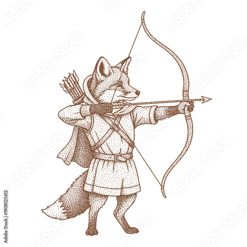 fox archer in medieval attire with a bow and quiver of arrows illustration in vintage halftone style