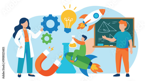 STEM education and innovation concept with scientists, students, and scientific symbols