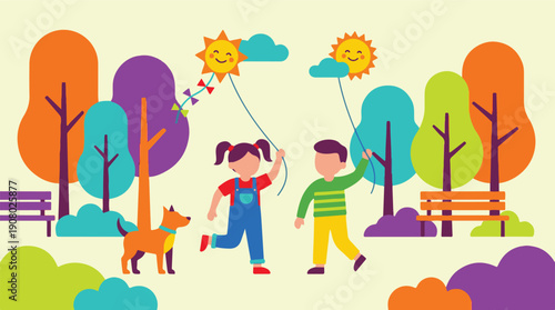 Happy children flying kites with a dog in a bright park illustration