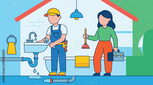 Professional plumbers providing home repair service in a domestic bathroom