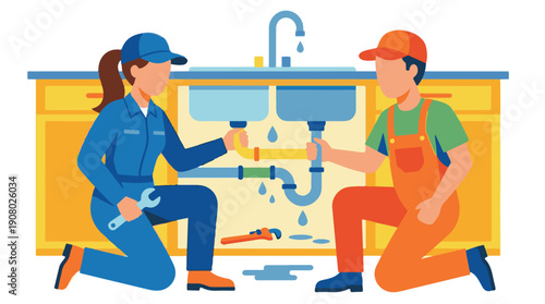 Two plumbers, a man and a woman, fixing a leaking sink with tools