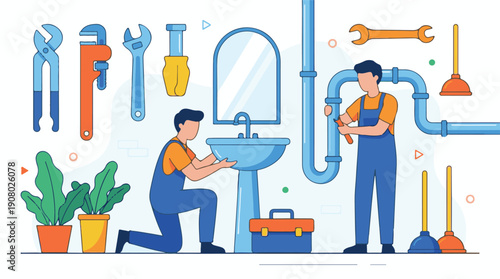 Professional plumbers repairing sink and pipes with various tools