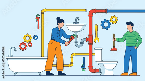 Professional plumbing services with male and female plumbers and tools