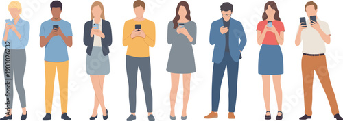 People using smartphones illustration, diverse men women texting online, mobile communication, social media addiction, technology lifestyle vector