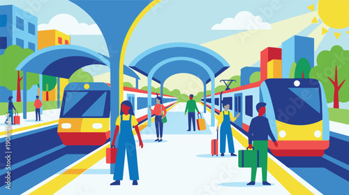 Diverse people with luggage on a modern train station platform