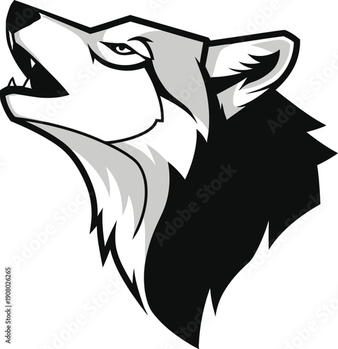 Aggressive wolf head illustration in black and white, roaring and showing teeth, a symbol of power and ferocity