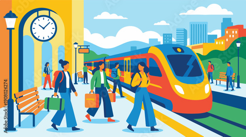 People traveling by train in a bustling urban station, vector illustration