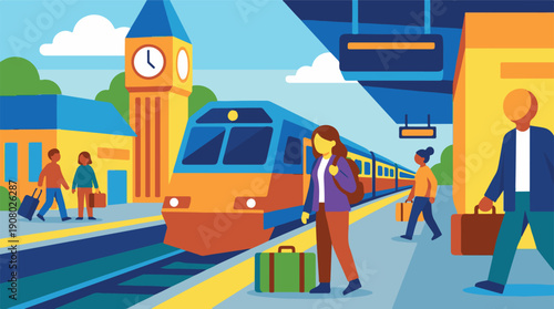 Travelers on a train station platform with a modern passenger train and clock tower