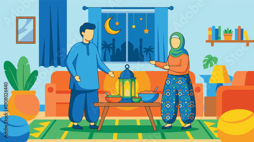 Muslim Couple Breaking Fast Together During Ramadan Iftar Meal at Home