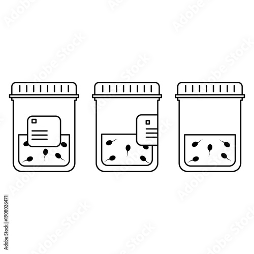 Set of medical containers icons with sperm sample for analysis. Editable stroke