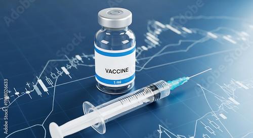 A vaccine vial and syringe on a blue background with medical graphs and charts
