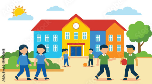 Children playing outside a colorful school building, flat illustration