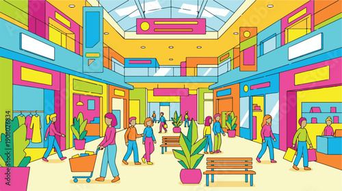 Vibrant cartoon illustration of people shopping in a modern mall
