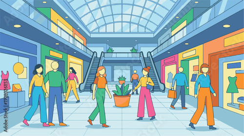 Busy shopping mall interior with diverse people walking and shopping
