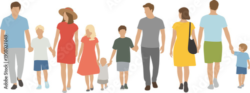family, walking, together, vector, illustration, parents, children, people, group, lifestyle, love, care, relationship, flat, design, happy, familytime, isolated, modern, characters