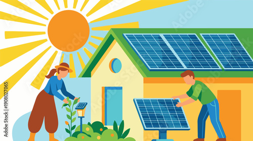 Sustainable living concept with solar power and eco-friendly gardening