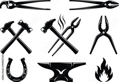 Blacksmith tools icons set with hammer pliers anvil fire horseshoe, metal forging equipment silhouettes vector illustration isolated on white background