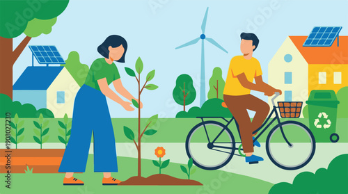 Illustration of sustainable urban living with green energy and eco activities