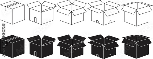 Cardboard box icons set, open and closed packaging boxes in outline and solid styles, delivery storage vector illustration
