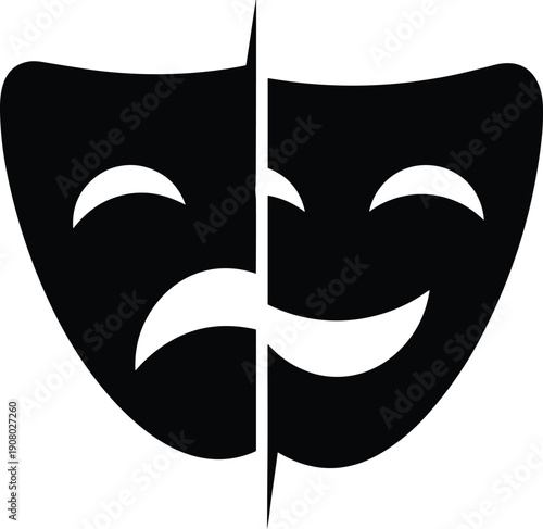 Comedy tragedy theater mask icon, dramatic emotions symbol showing happy and sad faces, black silhouette vector illustration isolated minimal design