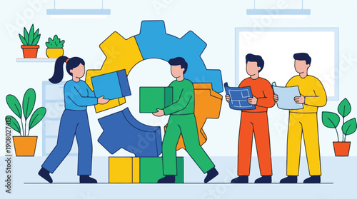 Business team collaborating on a development project, assembling a gear mechanism