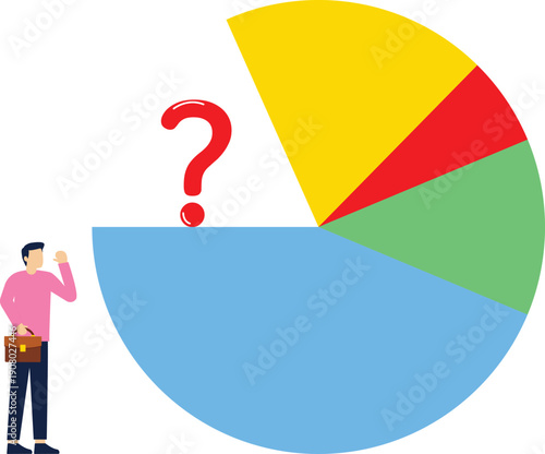 isometric vector illustration on a white background, a man and a woman in business clothes on a part of a pie chart and a question mark, the missing part

