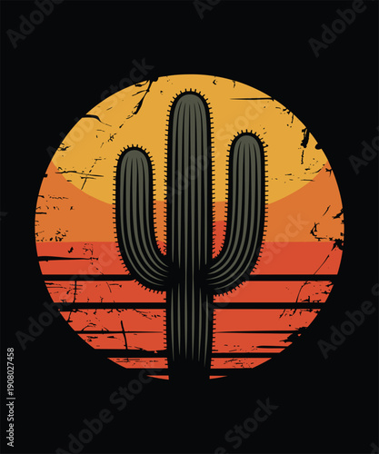 Vintage Retro Saguaro Cactus Sunset T-Shirt Design