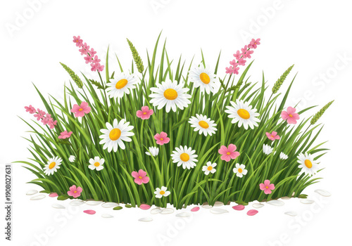 A vibrant flower and grass arrangement with delicate details on transparent background