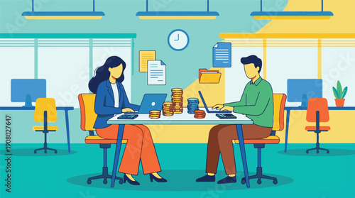 Colleagues calculating finances with laptops and coins in a modern office