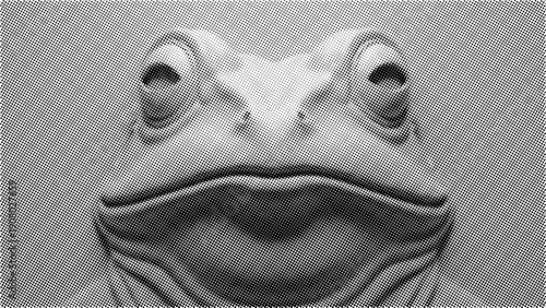Halftone style close up frog face vector art detailed texture pattern black and white design animal wildlife illustration