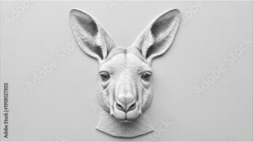 Halftone style close up of kangaroo face with detailed texture dots black and white vector art illustration on white background minimalism wildlife portrait
