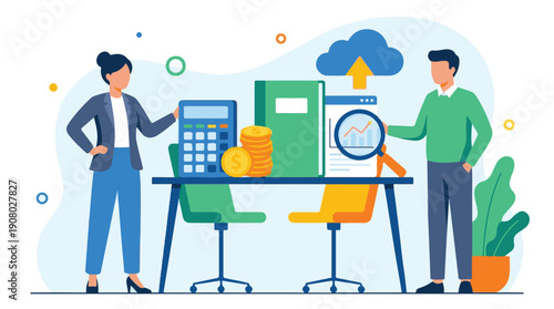 Business team analyzing financial data, cloud computing, and reports