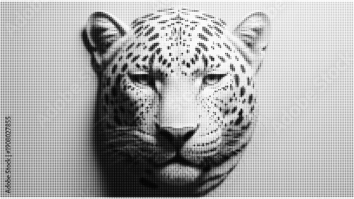 Halftone style close up of leopard face eyes closed black and white dotted vector art animal portrait with detailed spots and soft shading effect