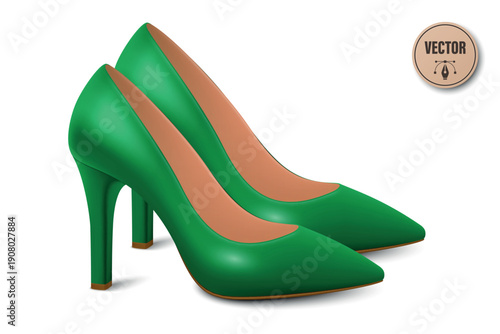 Vector 3d Realistic Green High Heels Pair. Realistic Women s Shoes with Stiletto Heel for Fashion Poster, Shoe Store Banner, Clothing Catalog, Footwear Branding, Elegant Outfit Design, Online Shop