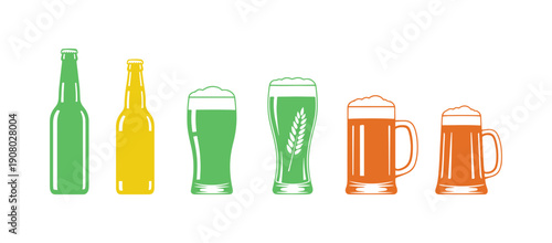 A flat vector collection featuring bottles, glasses, and mugs filled with beer. It's an alcoholic drink. Perfect elements for a brewery's promotional poster or banner.

