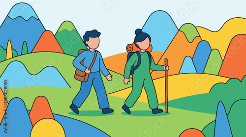 Illustration of two hikers exploring a vibrant, stylized mountain landscape