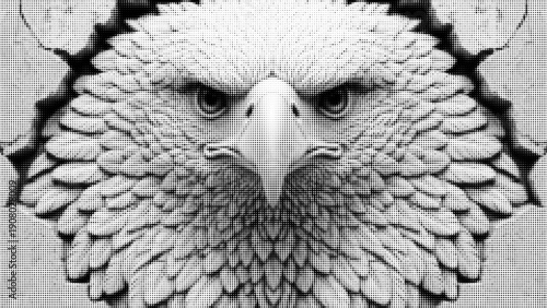 Halftone style close up detailed eagle head with fierce eyes and sharp beak vector art monochrome texture