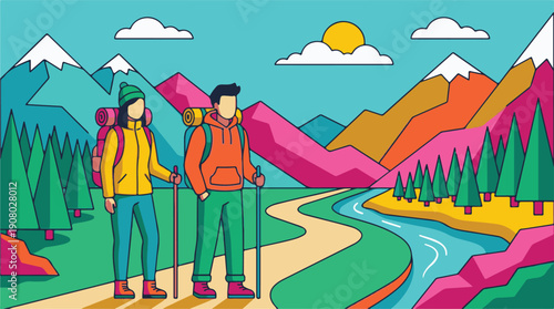 Two hikers explore a vibrant, colorful mountain landscape with a river