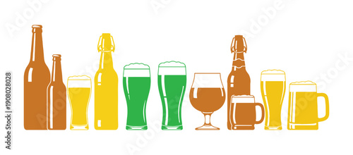Check out this flat vector set showcasing beer bottles, glasses, and mugs. It's all about alcoholic drinks. Ideal for a brewery promo poster or banner.

