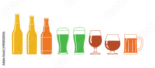 Here’s a flat vector design of beer bottles, glasses, and mugs. We're talking about an alcoholic beverage. These elements are perfect for a brewery's promotional poster or banner.

